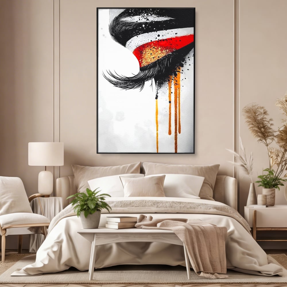 Tablou canvas cu tablou canvas cu ochi stilizat, in rama de aluminiu negru, pe perete intr-un dormitor